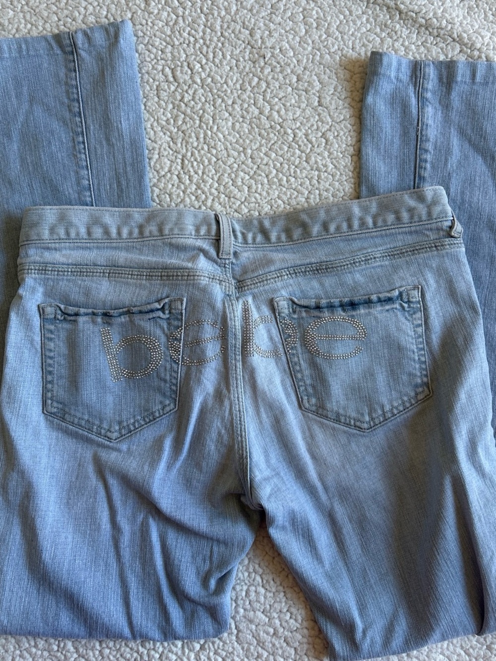 bebe Light Wash Rhinestone Logo Bootcut Jeans